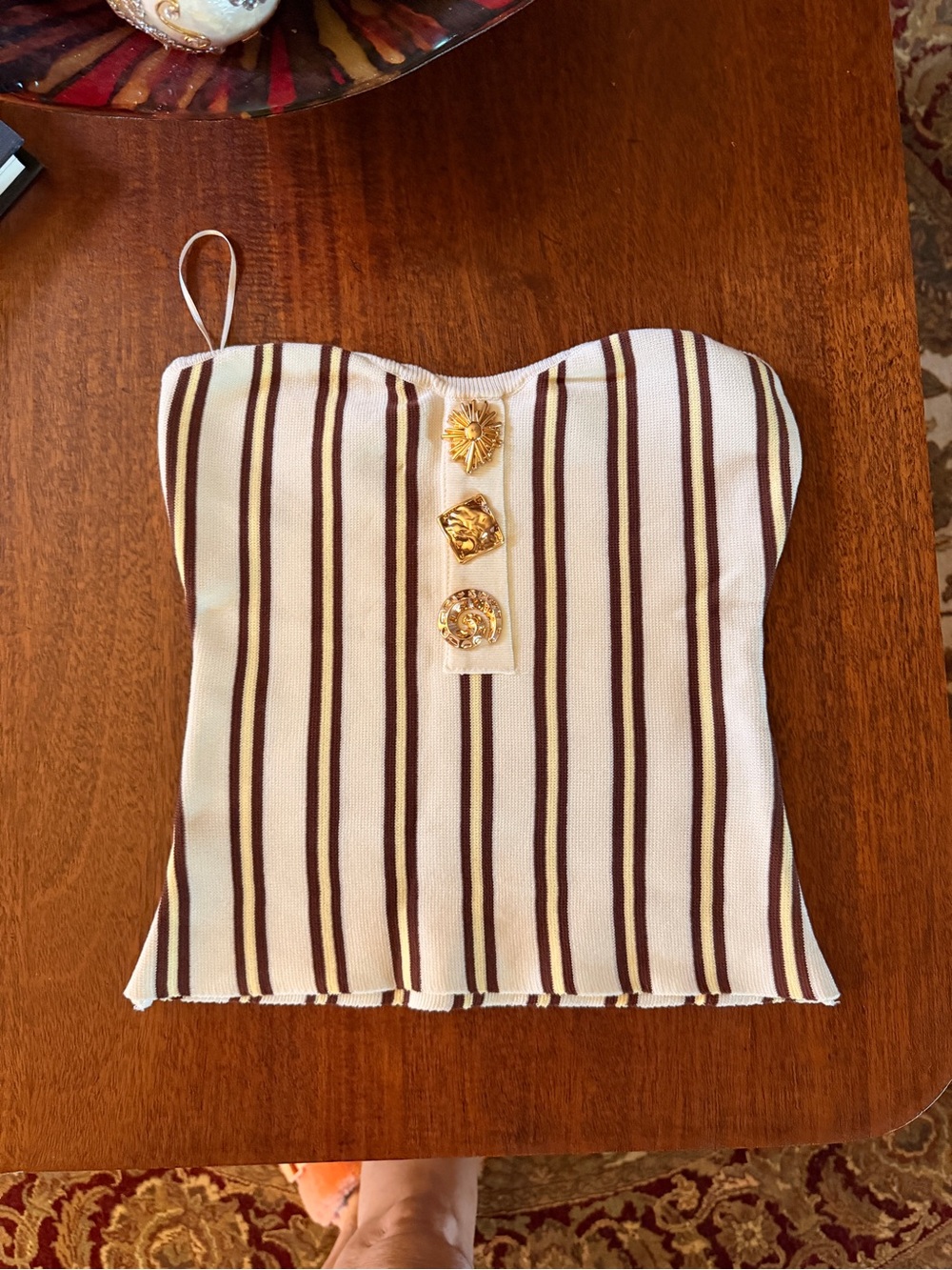 Striped Strapless Corset Cami with Decorative Gold Buttons — Cream & Brown